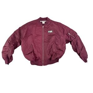 PINK Victoria's Secret Bomber Jacket Burgundy Nylon Lightweight Full Zip Women's